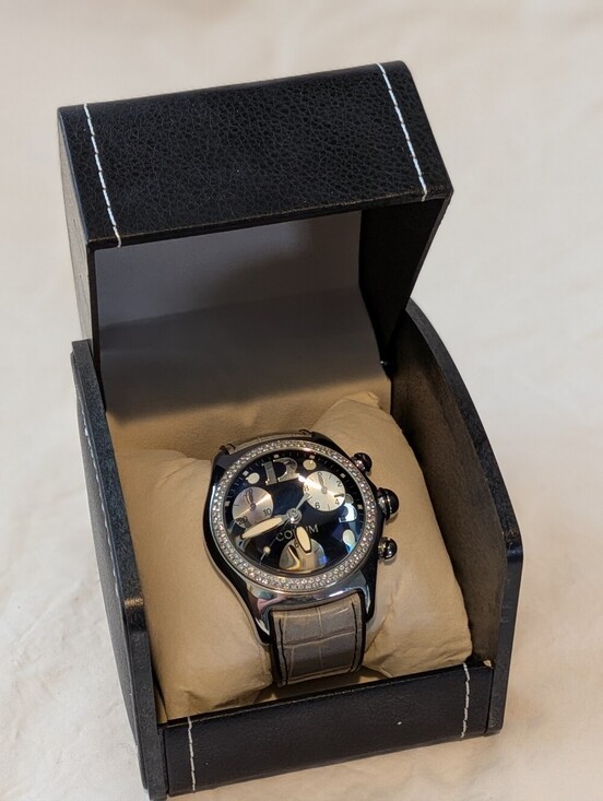 Corum Boutique Bubble Quartz Chronograph Black/Silver Dial SS Case White Leather